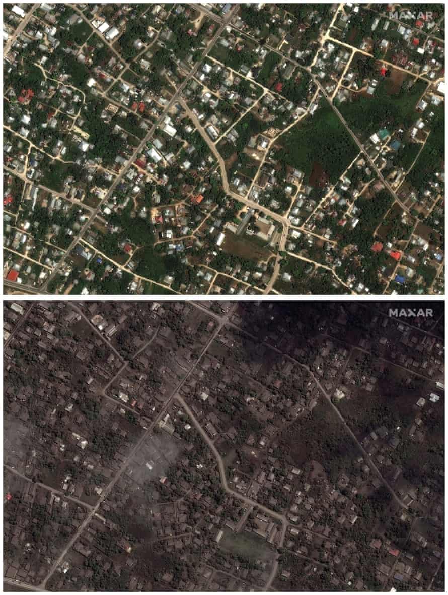 Satellite images show homes and buildings before and after the main eruption.