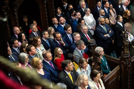 MPs including Alan Campbell and James Cleverly standing at the bar of the Lords chamber to listen to the prorogation ceremony