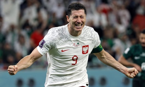 Poland’s Robert Lewandowski celebrates doubling his side’s lead in their World Cup group game against Saudi Arabia