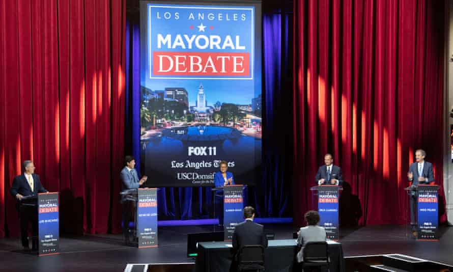Joe Buscaino, Kevin de Leon, Karen Bass, Rick Caruso and Mike Feuer attend the Mayor's Debates in March 2022 in Los Angeles, California.