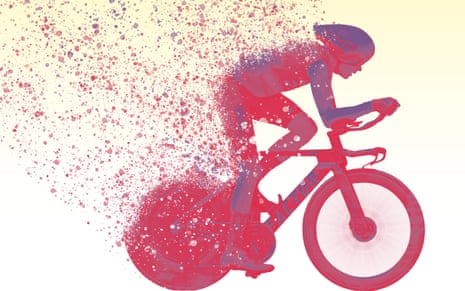 Iluustration of an elite cyclist dissolving into red and purple dots