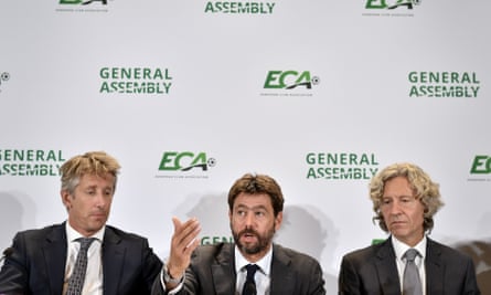 Andrea Agnelli at the ECA general assembly in 2019, flanked by Edwin van der Sar of Ajax and Dariusz Mioduski of Legia Warsaw