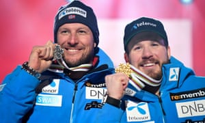 Norway’s Aksel Lund Svindal (left) and Kjetil Jansrud show off their medals