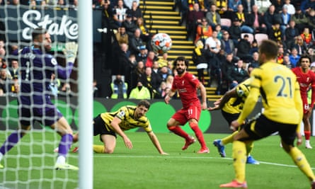 Mohamed Salah curls in Liverpool’s fourth goal after waltzing past four defenders and leaving two on the floor.