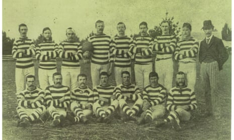 New Zealand author Richard Shaw's great-grandfather Andrew Gilhooly pictured with the AC Coastal football team. Andrew is holding the ball.