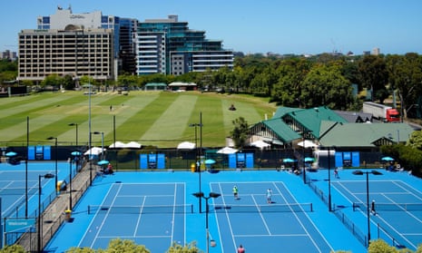Australian Open tennis players train in a restricted area near their Melbourne accommodation. A total of 72 players remain in hard lockdown and are not allowed out of their hotel room to train for five hours a day like other quarantining players.