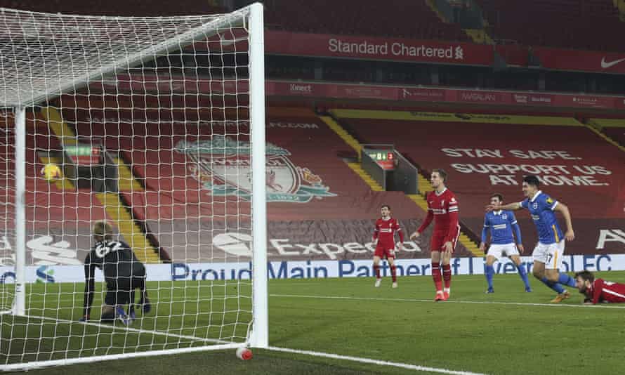 Brighton’s Steven Alzate (right) scores the winner against Liverpool.