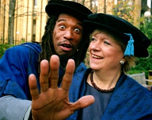 Benjamin Zephaniah and Polly Toynbee after receiving their honorary degrees from South Bank University at Southwark cathedral in 2015
