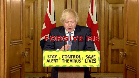 A still from John Smith’s Covid Messages (2020), showing Boris Johnson on screen with the caption 'Forgive Me'