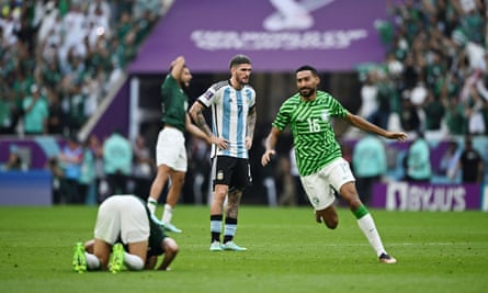 Saudi Arabia celebrate beating Argentina at the 2022 World Cup