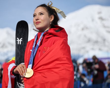 Eileen Gu of China poses during the medal ceremony for the women’s freeski half-pipe final at the 2026 Winter Olympics