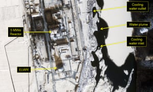 A satellite image of North Korea’s main nuclear site at Yongbyon on 22 January, with the water plume marked.