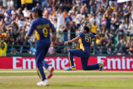 Maheesh Theekshana celebrates the wicket of Jacob Bethell.