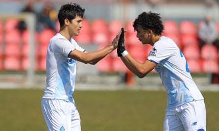Dynamo’s Under-19 celebrate scoring against Romanian side Unirea Constanta at the weekend.