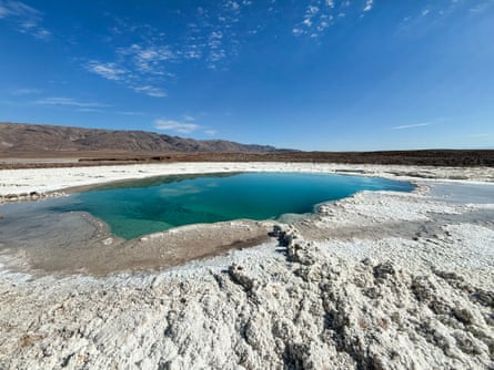 A wide landscape shot of a vivid turquoise salt lagoon surrounded by white mineral crust and arid mountains under a clear blue sky.