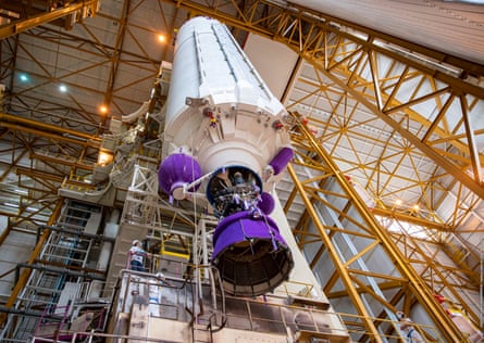 The Ariane 5 rocket being prepared for launch in French Guiana.