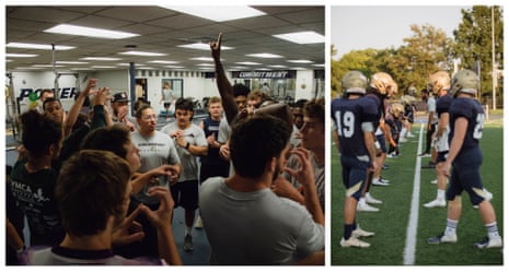 Top: Conditioning sprints during preseason practice. Bottom: Players prepare to break from their group workout for practice.
