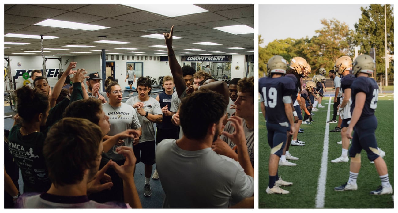 Top: Conditioning sprints during preseason practice. Bottom: Players prepare to break from their group workout for practice.