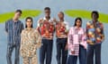 A selection of models wearing patterned shirts against a colourful backdrop