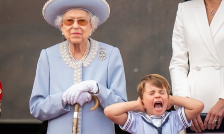 Queen Elizabeth II and Prince Louis on the balcony of Buckingham Palace for the platinum jubilee flypast.