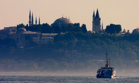 A ferry passing the Bosphorus in front of Ayasofya.