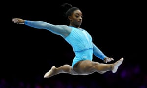 Simone Biles of Team United States competes on Balance Beam