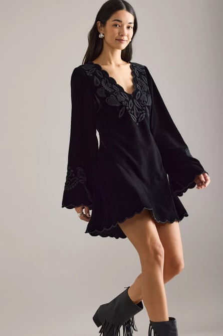 By Anthropologie Iris Velvet Bell-Sleeve Scallop Mini Dress