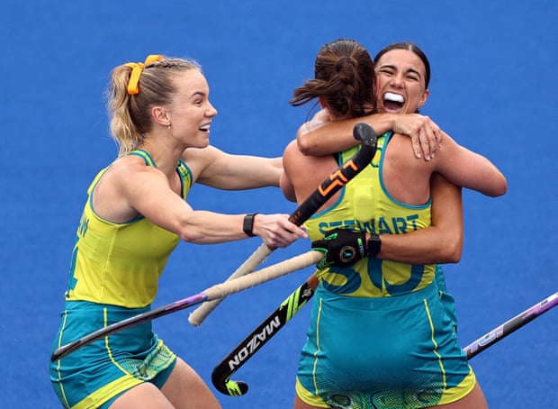 Australia's Grace Stewart celebrates scoring their first goal against Scotland.