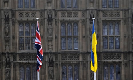 A British and a Ukraine flag outside the Houses of Parliament in London earlier this week.