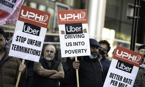 Uber drivers in London protest during a 24-hour strike for better pay and conditions, October 2021.