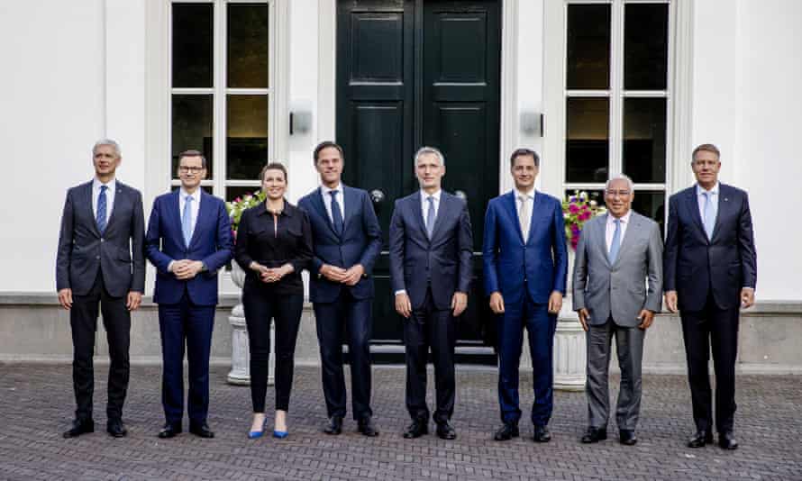 (From left) prime ministers Krisjanis Karins of Latvia, Mateusz Morawiecki of Poland, Mette Frederiksen of Denmark, Mark Rutte of the Netherlands, Nato secretary general Jens Stoltenberg, Alexander De Croo of Belgium, Antonio Costa of Portugal and president Klaus Johannis of Romania in The Hague Tuesday.