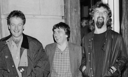 Comedy Trio American comedian Robin Williams (left) outside Langan’s restaurant, London, with English comedian Dudley Moore (1935 - 2002) and Scottish comic Billy Connolly (right), circa 1985