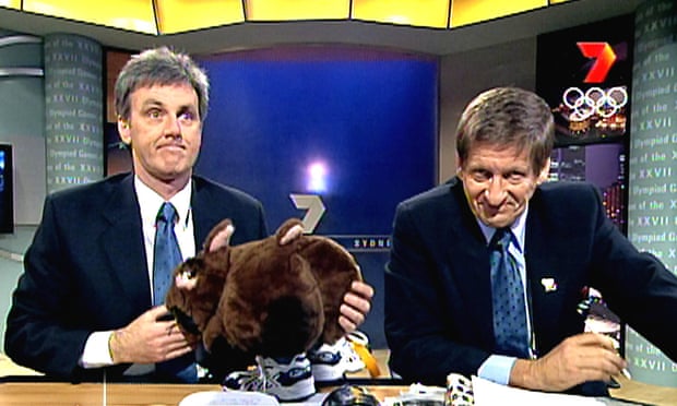 Roy Slaven and HG Nelson with a Fatso wombat, the unofficial mascot of the Sydney Olympics