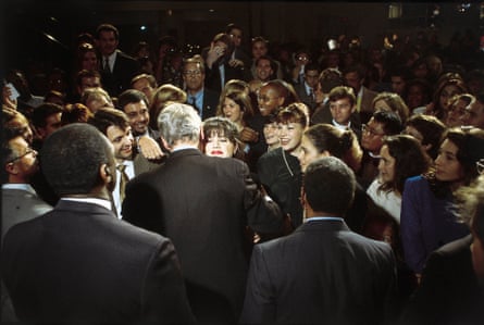Monica Lewinsky embraces President Bill Clinton at a Democratic fundraiser in 1996