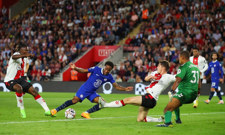 Raheem Sterling scores for Chelsea against Southampton.