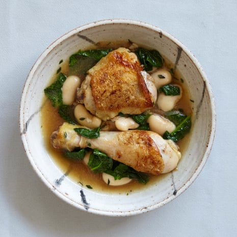 Ed Smith’s one-pot golden chicken and butter beans, using ingredients available at markets such as London’s Borough Market