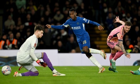 Nicolas Jackson scores for Chelsea against Leeds at Stamford Bridge.