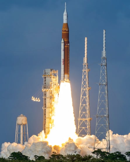 The Artemis II rocket taking off