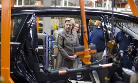 Democratic presidential candidate Hillary Clinton visits the AM General plant.