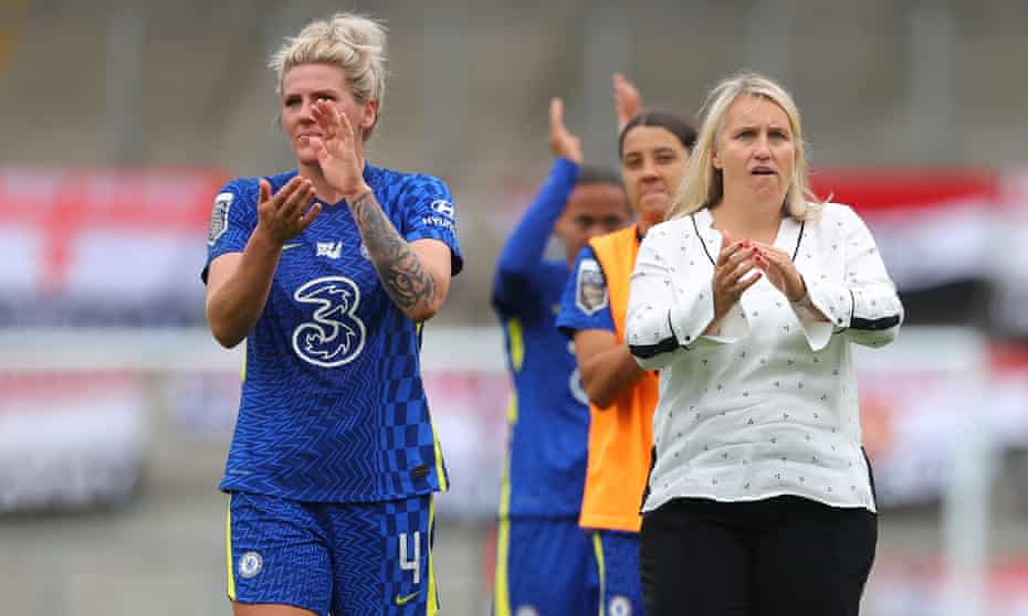Chelsea’s manager Emma Hayes and defender Milly Bright after last month’s win at Manchester United.