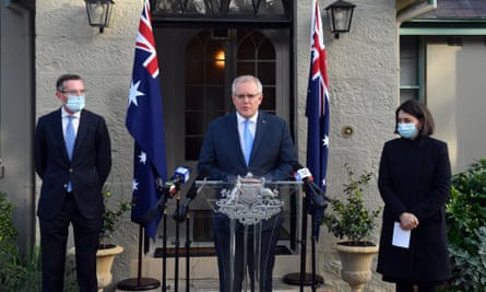 Dominic Perrottet, Scott Morrison and Gladys Berejiklian during the announcement of a Covid-19 financial support package at Kirribilli House.