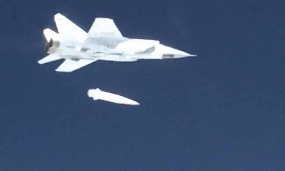 A MiG-31 fighter jet releases a Kinzhal hypersonic missile during a test at an undisclosed location in Russia in 2018