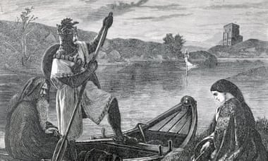 An undated woodcut depicting King Arthur retrieving Excalibur from the Lady in the Lake.