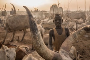 Mingkaman, South Sudan. A boy from the Dinka tribe poses next to one of his cows at a cattle camp in the lowlands where they bring the animals to graze during winter