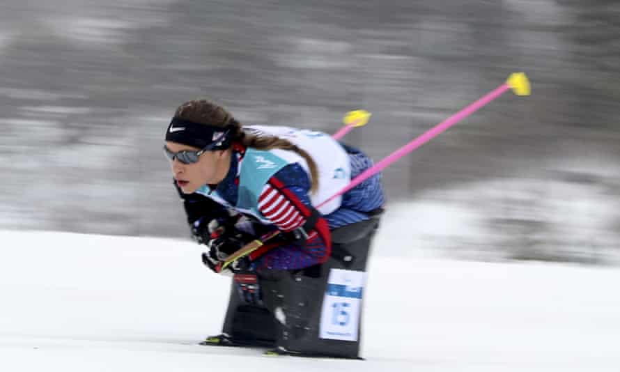 Oksana Masters on a downhill ski run
