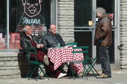 Chase on location with Sopranos stars Tony Sirico and James Gandolfini.