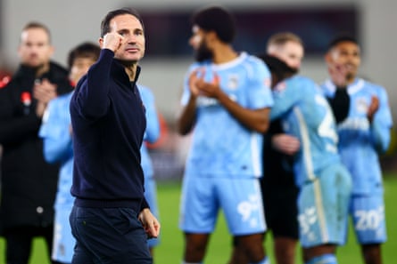 The Coventry manager, Frank Lampard, celebrates after the win against Stoke.
