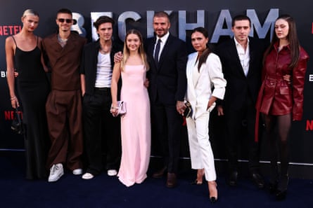 David and Victoria Beckham with their children and partners at the premiere of the Netflix series Beckham, London, October 2023