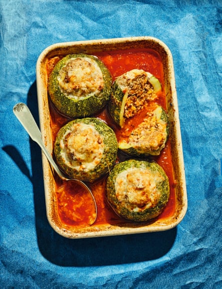 Marrows stuffed with pork mince in a tomato sauce