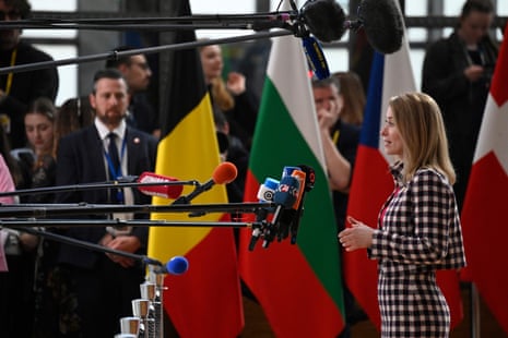 Estonia’s prime minister, Kaja Kallas, speaks on arrival for the EU summit in Brussels.